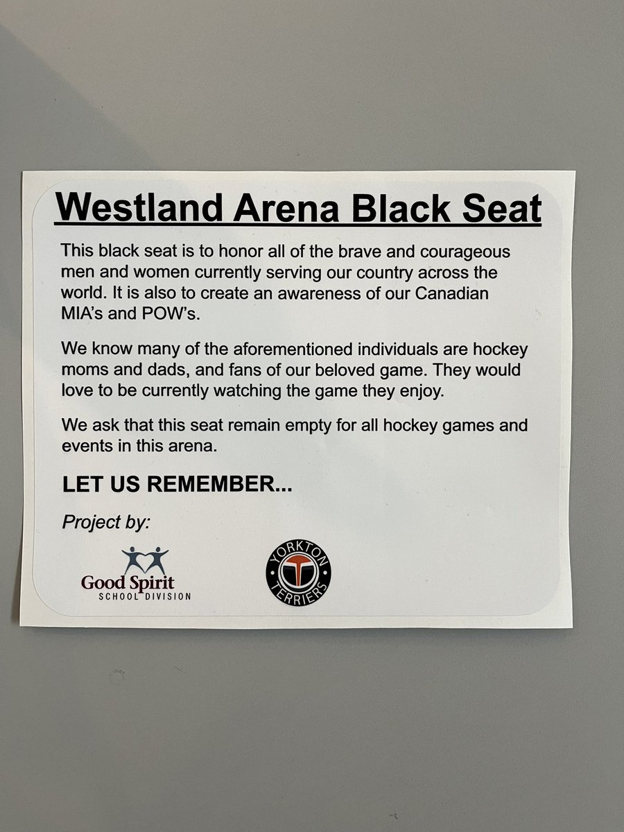 Thanks to Mr. Schendel and Karsten Wagner from our local Home Town Source for Sports , a replacement placard will be placed back on the seat behind the Yorkton Terriers bench at the Westland Arena. <a href="/GSSD204/">Good Spirit SD</a>