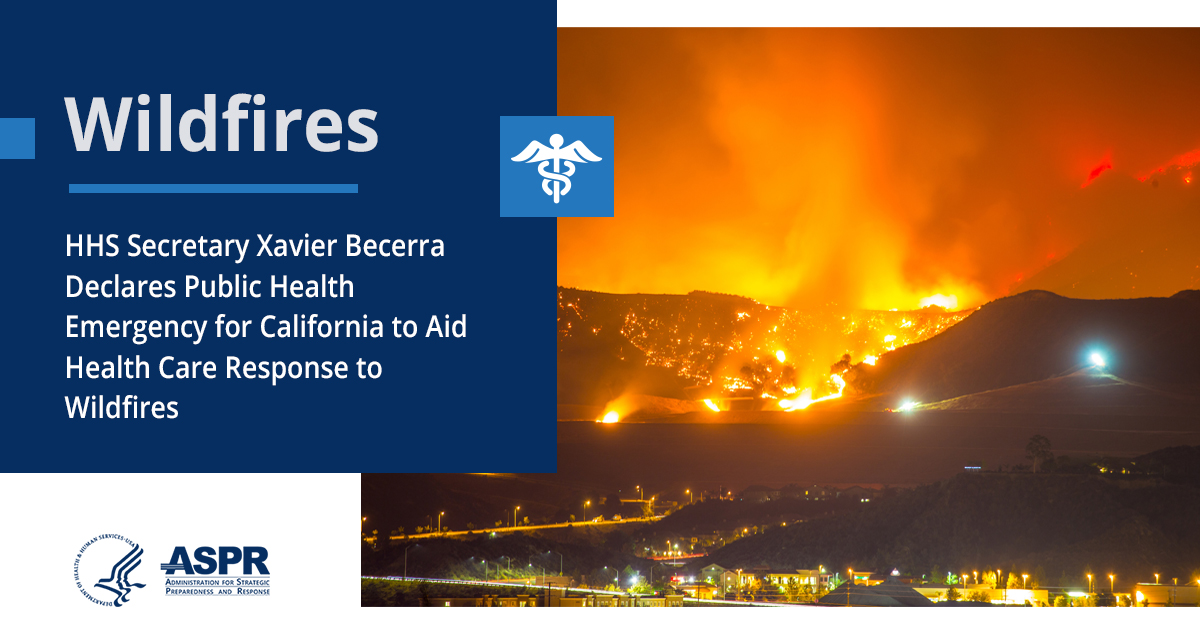 HHS ASPR (@asprgov) on Twitter photo Today, <a href="/SecBecerra/">Secretary Xavier Becerra</a> declared a Public Health Emergency in California for the
#wildfires in LA. ASPR is prepared to deploy public health and medical responders along with medical supplies and equipment. bit.ly/4gUIl8b Today, <a href="/SecBecerra/">Secretary Xavier Becerra</a> declared a Public Health Emergency in California for the
#wildfires in LA. ASPR is prepared to deploy public health and medical responders along with medical supplies and equipment. bit.ly/4gUIl8b