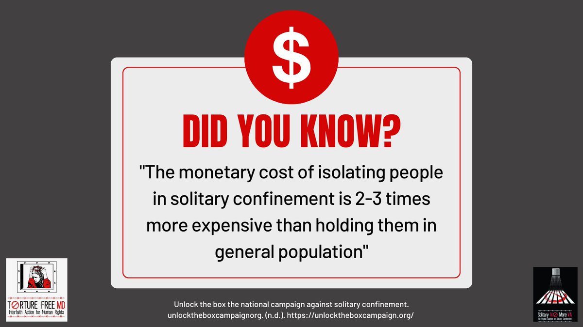 Fact: It is substantially more expensive to keep people in solitary confinement. #SolitaryNoMoreVA #TortureFreeMD #UnlocktheBox #IAHRDC #NRCAT #PrisonReform #SolitaryConfinementIsTorture #SolitaryIsTorture #CriminalJustice #CriminalJusticeReform