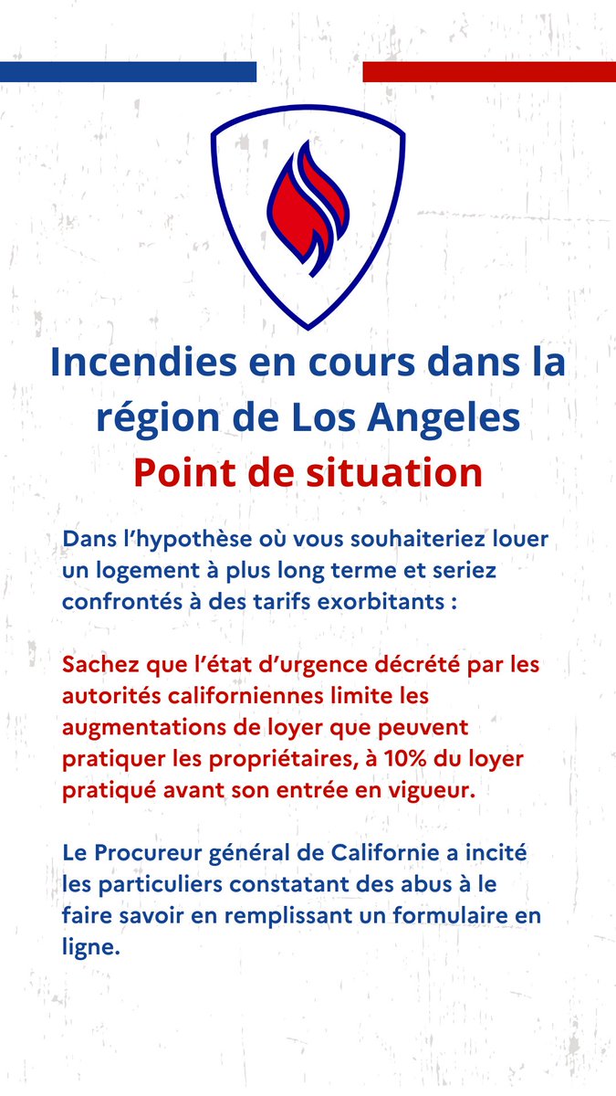 Consulate of France in Los Angeles (@franceinla) on Twitter photo 🚨🔥#LosAngelesFires Point de situation du 10 janvier et solutions d'hébergement pour les français sinistrés.
<a href="/FrierAdrien/">Adrien Frier</a> <a href="/franceintheus/">Embassy of France in the U.S.</a> <a href="/FR_Consulaire/">France Consul@ire</a>
📢 losangeles.consulfrance.org/alerte-incendi…
#PalisadesFire #EatonFire #HurstFire #KennethFire #LidiaFire 🚨🔥#LosAngelesFires Point de situation du 10 janvier et solutions d'hébergement pour les français sinistrés.
<a href="/FrierAdrien/">Adrien Frier</a> <a href="/franceintheus/">Embassy of France in the U.S.</a> <a href="/FR_Consulaire/">France Consul@ire</a>
📢 losangeles.consulfrance.org/alerte-incendi…
#PalisadesFire #EatonFire #HurstFire #KennethFire #LidiaFire