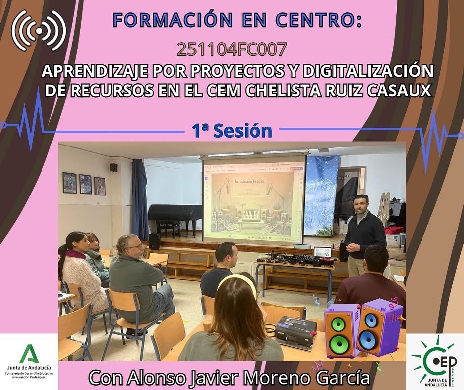 El claustro del Conservatorio Chelista Ruiz Casaux ha iniciado las sesiones de asesoramiento externo para su formación en centro sobre “Aprendizaje por proyectos y digitalización de recursos” con Alonso Javier Moreno. 
<a href="/DG_IFP/">DG de Innovación y Formación del Profesorado</a>
<a href="/EducaAnd/">Consejería Desarrollo Educativo y FP</a>