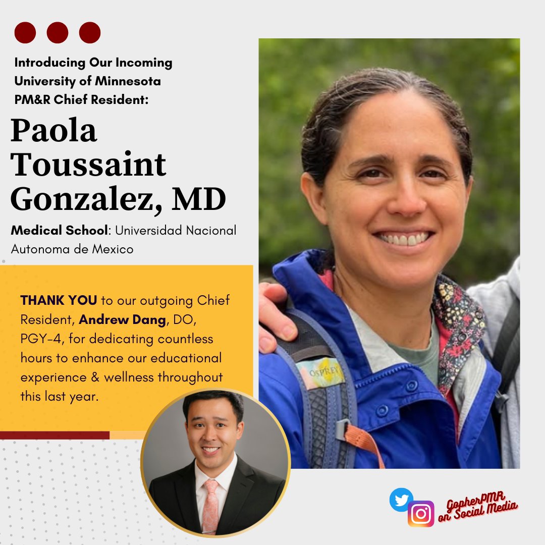 University of Minnesota PM&R Residency Program (@gopherpmr) on Twitter photo ๐ A new year brings in a new UMN PM&R Chief Resident! ๐ Please give a warm welcome to <a href="/GopherPMR/">University of Minnesota PM&R Residency Program</a>'s new Chief Resident, Paola Toussaint Gonzales! ๐ Elected by her peers, she will serve with Dr. Gormley as co-chiefs!
โจ๏ธ Special thanks to our outgoing Chief Andrew Dang, (1/2) ๐ A new year brings in a new UMN PM&R Chief Resident! ๐ Please give a warm welcome to <a href="/GopherPMR/">University of Minnesota PM&R Residency Program</a>'s new Chief Resident, Paola Toussaint Gonzales! ๐ Elected by her peers, she will serve with Dr. Gormley as co-chiefs!
โจ๏ธ Special thanks to our outgoing Chief Andrew Dang, (1/2)