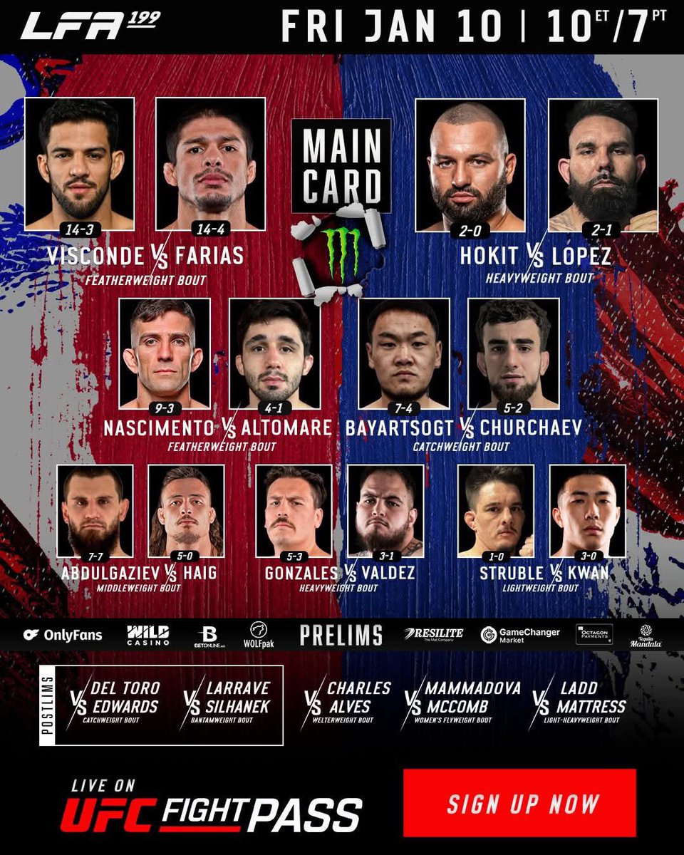 LFAfighting's tweet image. #LFA199: Fight Card 💥

🎥: Main Card on @UFCFightPass (bit.ly/LFA-UFCFightPa…) at 10 p.m. ET.

🎥: Preliminary Card on #LFAFightNetwork (youtube.com/@lfafights) at 8:30 p.m. ET.

TONIGHT!
@TachiPalace
#Lemoore, #California

🎫: bit.ly/LFA199_Tickets

#MMA
#LFANation
