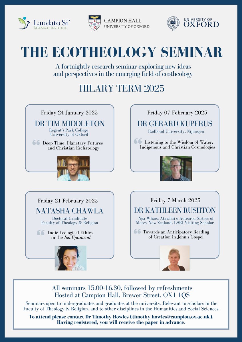 For those in Oxford, do join us for our new Ecotheology Research Seminar, Fridays of odd weeks, at the Campion Hall Lecture Room.
Please contact me on timothy.howles@campion.ox.ac.uk to register. 
All welcome, including those working in religion, ethics, politics and ecology.