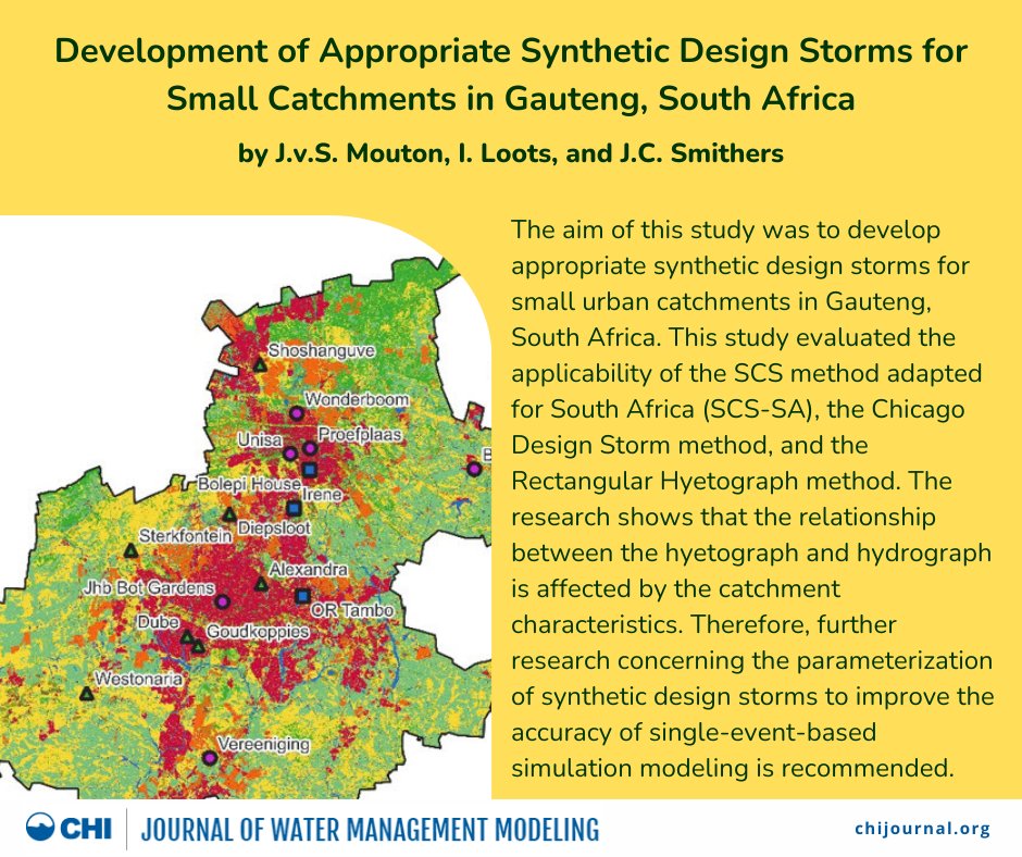 The JWMM has published its first paper for 2025: "Development of Appropriate Synthetic Design Storms for Small Catchments in Gauteng, South Africa" by J.v.S. Mouton, I. Loots, and J.C. Smithers. Visit chijournal.org to read papers on water management modeling.