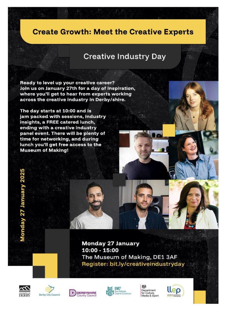 🎉Ready to level up your creative career?
 
On Monday 27th January, join the <a href="/derbyuni/">University of Derby</a> for a day of inspiration, where you’ll get to hear from experts working across the creative industry in Derby/shire.

Book here: forms.office.com/pages/response…
#derby #derbyshire #creative #industry