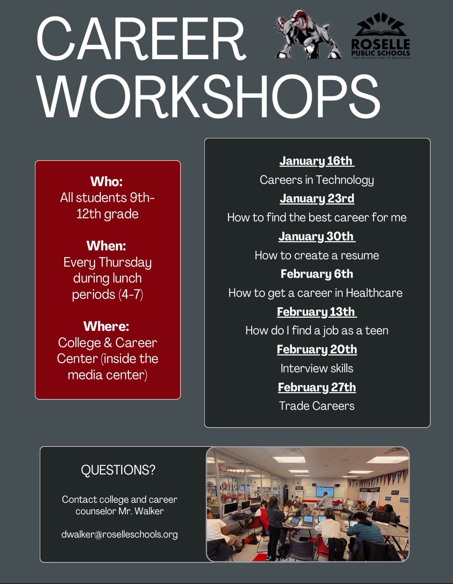 mindofmiller8's tweet photo. 🚀 Ready to take the next step in your career journey? Join us for Career Exploration &amp; Interview Skills Workshops!

🔍 Explore career paths
💼 Learn how to ace interviews
🎯 Build confidence and stand out

Sign up now and invest in your future success! 🌟

#RamReady https://t.co/TbEy9rqmDS