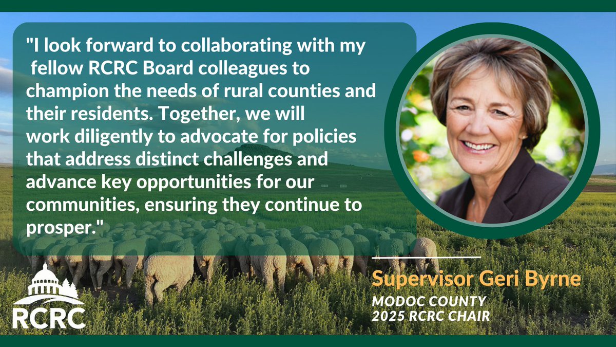 RuralCounties's tweet image. Meet the new Chair of the #RCRC Board of Directors, Supervisor Geri Byrne from #ModocCounty! On Wednesday, Sup. Byrne took the Oath of Office, administered by Rep. LaMalfa, and will lead the organization with her fellow RCRC Officers throughout 2025.
Info: bit.ly/4fVh8RA