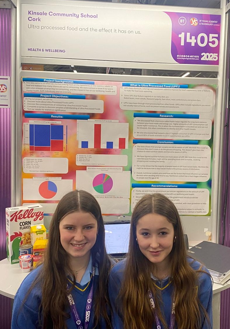 🥉 Congratulations to Riva O’Reilly and Sadhbh Tuohy for achieving 3rd place in Junior Group Health and Wellbeing with their project, Ultra-Processed Food and the Effect It Has on Us. 🍎🧠 #BTYSTE2025 #HealthInnovation