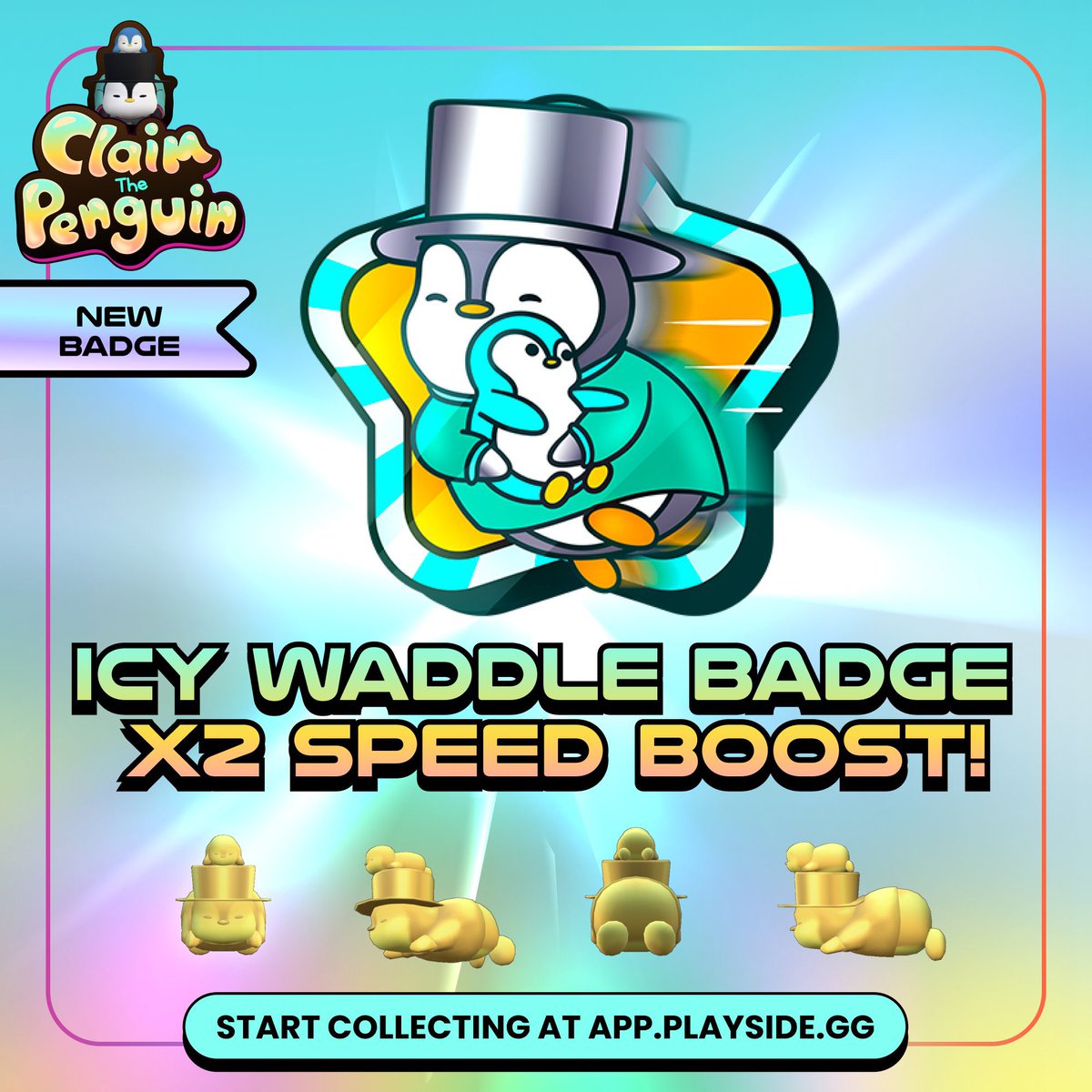 New #ClaimthePenguin Badge 🐧

Revealing the Icy Waddle Badge ❄️

This special badge gives x2 Speed in-game🏃‍♂️
Win #FREEUGC faster then ever. 
Only available on PLAYSIDE
Claim it now: app.playside.gg/#/home?campaig…

Ends January 13th