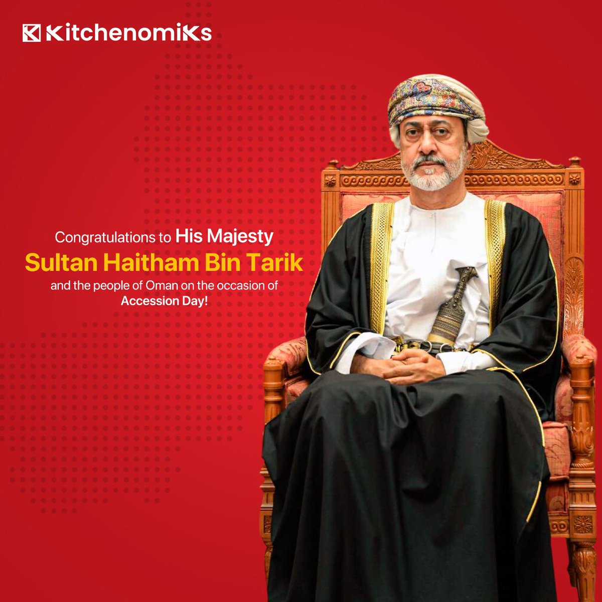 On the fifth anniversary of His Majesty Sultan Haitham bin Tarik’s accession to the throne, we extend our warmest congratulations to the nation’s revered leader and the people of Oman. 

#oman #renewedrenaissance #accessionday #kitchenomiks #foodtech