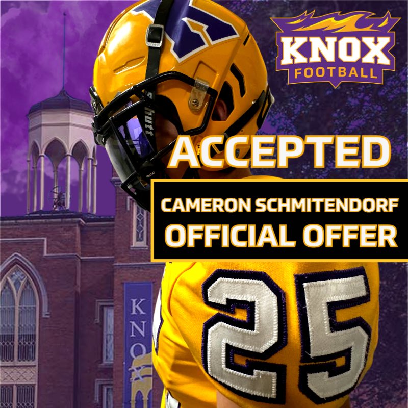 CamSchmitendorf's tweet photo. I am blessed to say I have been offered and given an opportunity to play at Knox college! Thank you @CoachJVerduin ! For this chance to be a part of your family and program! @FB_KnoxCollege #Firefootball #AEE @coachjamesmorro https://t.co/g4Dpkg9t4n