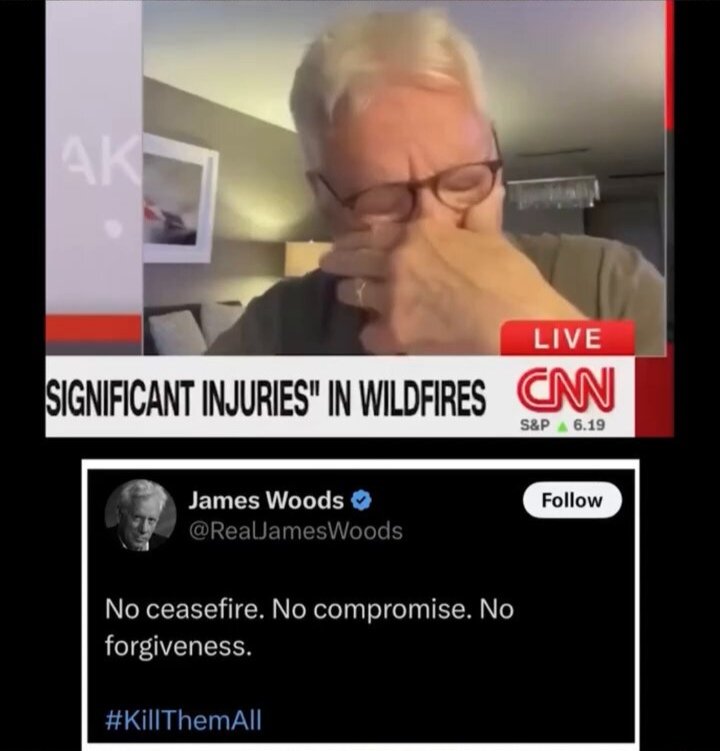 Ve yaşattığını yaşamadan ölmüyorsun...İsrail'in Gazze'ye yönelik saldırıları için "Ateşkes yok, taviz yok, affetmek yok. Hepsini öld*rün" ifadelerini kullanan ABD'li aktör James Woods'un Los Angeles yangınında evi yandı, kül oldu. Yangından sonra CNN televizyonunda canlı yayına
