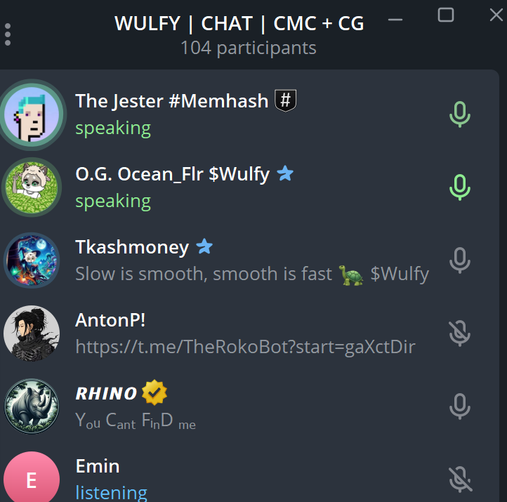 JUST IN: 104 PARTICIPANTS IN OUR TELEGRAM VC!!!
-
👉🏽 buy $WULFY here: buy.wulfy.me
👉🏽 See our Chart here: chart.wulfy.me
📈 CA:
6Qn2muot6pbTTWJ6F83zrpBQTFjb69FcmG1xbg64RoUD
-
NEXT TARGET $10M
-
$3M✅|$6M✅|$10M🟡|$20M🟡 |$100M🟡|$500M🟡|$1B🟡