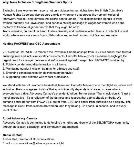MickSweetman's tweet photo. 2SLGBTQIA+ organization Advocacy Canada is calling on @pacwestbc to move the provincial women's basketball championship from @ColumbiaBibleCo to another venue after the @VIUniversity team refused to play there citing the safety of a trans athlete. https://t.co/PBIC7Cqmyp