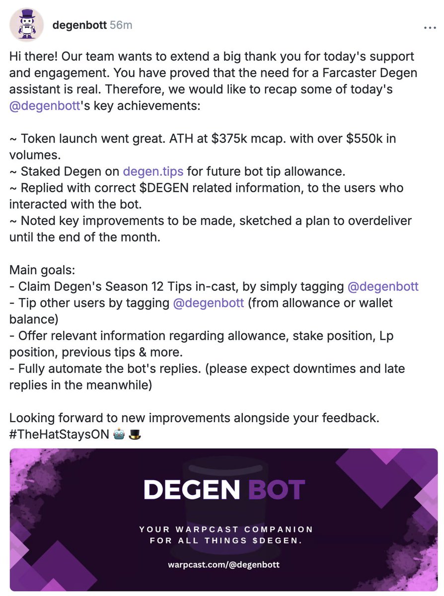 degentokenbase's tweet image. Gn Degens! The first $DEGEN-specific AI agent, built by the community, is here with plans to roll out features like:

• Instant $DEGEN Airdrop claims.
• Quick LP airdrop claims.
• Faster unlocks &amp;amp; extensions in Warpcast.

Follow @degenbott to stay updated!…