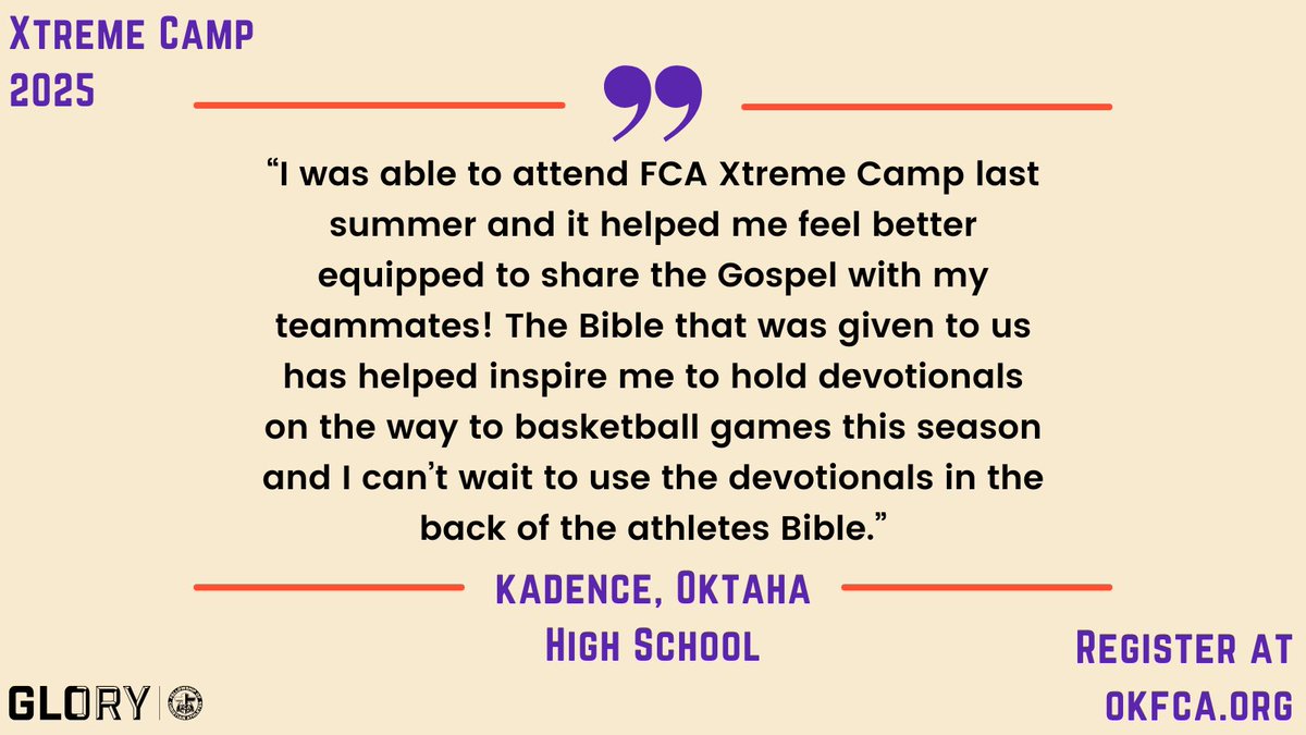 Xtreme Camp 2025 registration is OPEN!! 

High schoolers come join us on June 8-12 in Kingston, OK!!

Register here: fca.regfox.com/2025okxtremele…