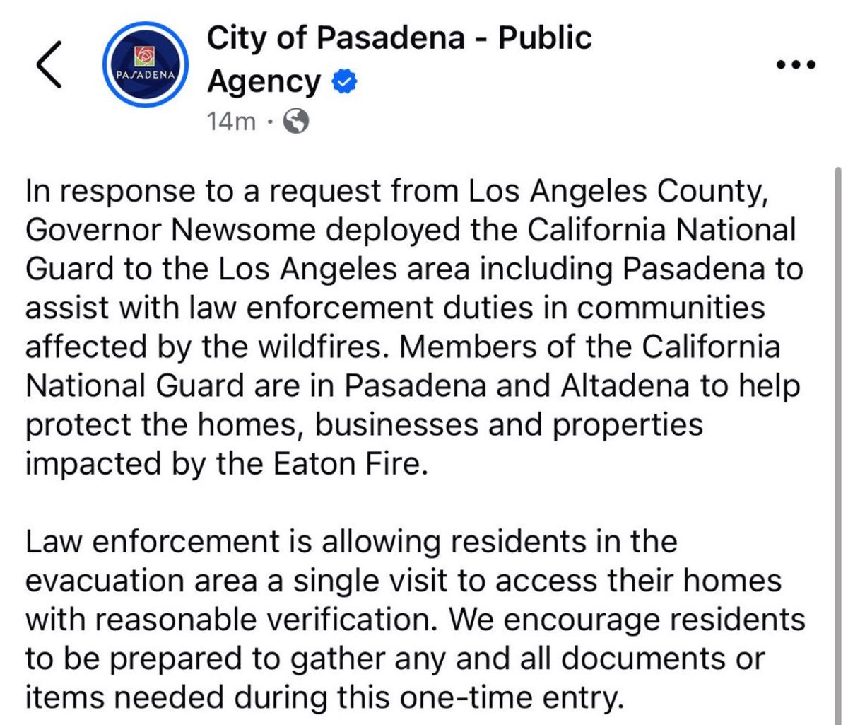 Altadena/Pasadena getting increasingly militarized as we speak—already hearing reports that (esp Black) residents who lost their homes and mutual aid folks getting harassed, racially profiled, even momentarily detained. Go with a buddy, document any encounters with cops.