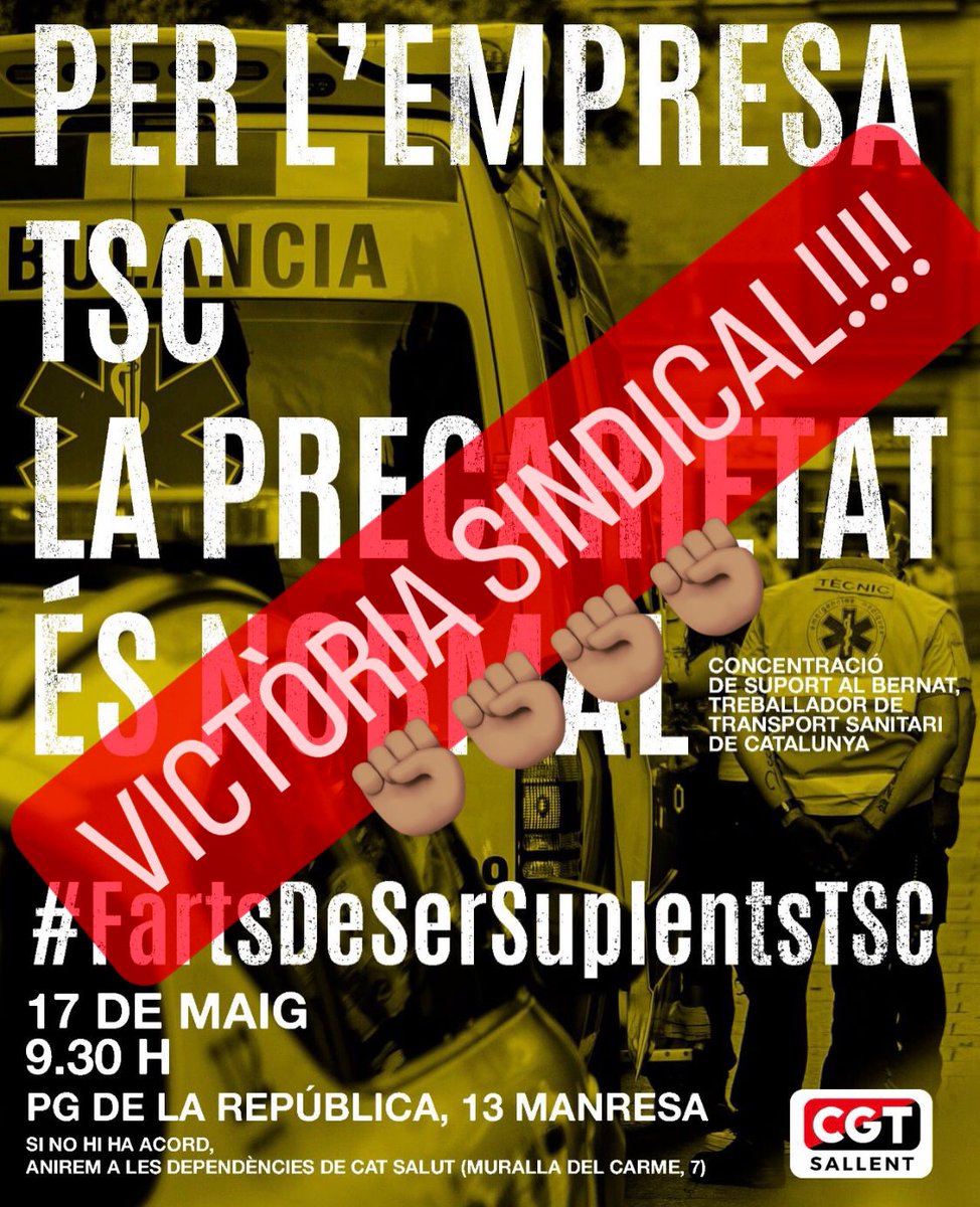 🔴⚫️ Victòria sindical!

L'empresa TSC ha acceptat fer indefinit el nostre company, després de la demanda que vam interposar per la irregularitat contractual i precarietat que patia des de feia anys fent suplències a #TSC
#FartsDeSerSuplentsTSC