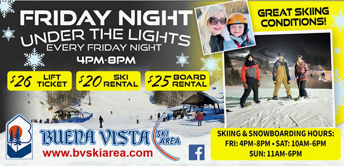 Join us tonight for our first Friday Night Under the Lights!!✨️ Ski &amp; Board Hours: Friday, Jan. 10th, 4-8pm 

$26 Lift Ticket🏞  $20 Ski Rental⛷️ $25 Board Rental

Gather your friends &amp; family, and come on out and enjoy these amazing rates!