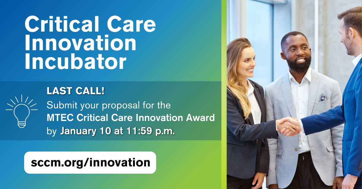 Time is running out to submit a pitch proposal for the Medical Technology Enterprise Consortium Critical Care Innovation Award! Submit your pitch TODAY January 10, 2025 by 11:59 p.m. Central Time: sccm.org/innovation
#SCCMDiscovery #SCCM
