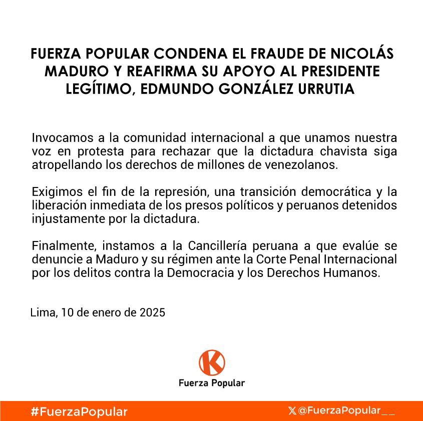 ¡No al fraude y la dictadura chavista! Desde <a href="/FuerzaPopular__/">Partido Político Fuerza Popular</a> condenamos el fraude electoral en Venezuela y reafirmamos nuestro apoyo al presidente legítimo Edmundo González. ¡Basta ya! de los atropellos de Maduro contra millones de venezolanos. #NoMásDictadura #VenezuelaLibre