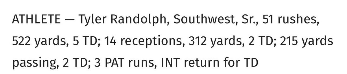 tyler11randolph's tweet photo. 2nd team all area.
Position: SLWR/ATH
Class: ’25
Height: 5’9”
Weight: 150
School: Southwest Onslow High School 
City: Jacksonville, NC
GPA: 3.7
#classof25 #senior_2025 #nc #allarea #uncommitted #southwest #onslow https://t.co/47cnTCfg7f