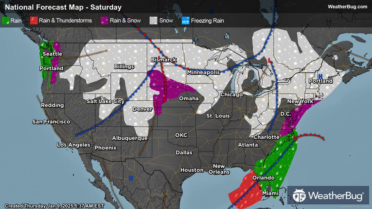 WeatherBug's tweet image. 🌨️ 🌧️ A stormy weekend ahead! Snow spreads from the Rockies to the Great Lakes and Northeast, with rain in the Southeast. Arctic air keeps it cold, while the coasts stay mostly dry. Stay warm! #weekendweather #weatherbug
Full Outlook: bit.ly/3pBGIXy