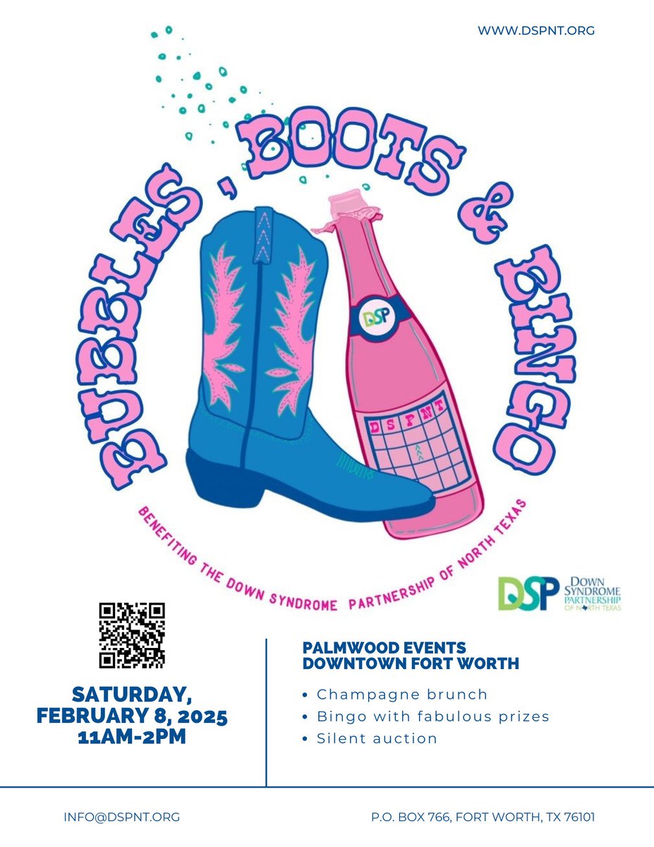 Join the Bubbles, Boots, and Bingo Fundraiser by the Down Syndrome Partnership of North Texas!

Date: Feb 8, 2025
Time: 8 AM - 2 PM
Location: Palmwood Events (640 Taylor St #1300, Fort Worth, TX)

Sign-up Genius: signupgenius.com/go/60B0844AFA6…