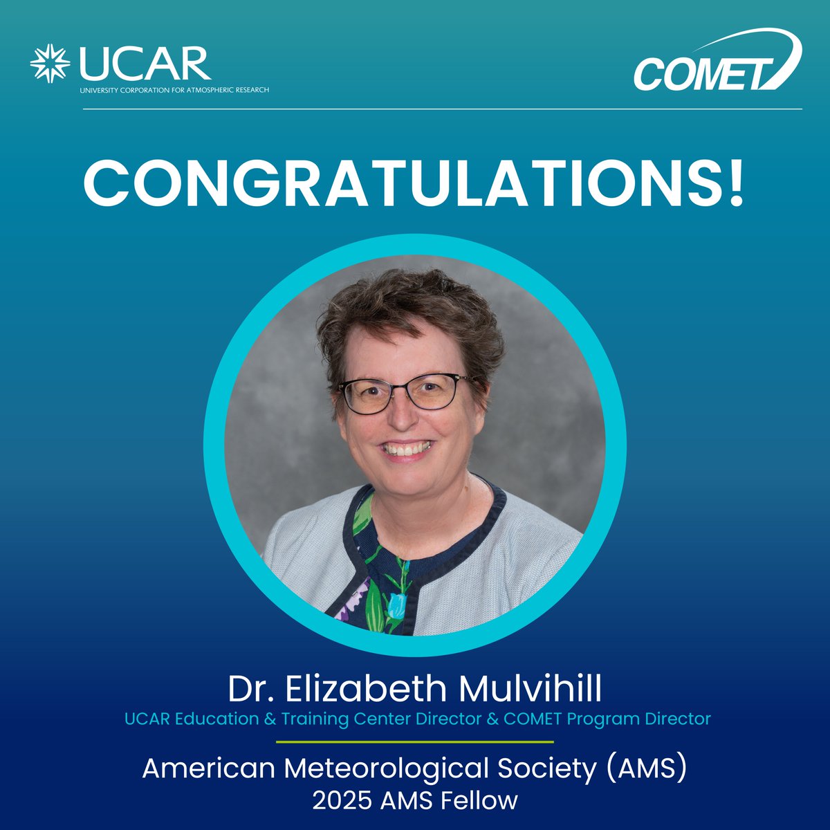 COMET UCAR (@cometmeted) on Twitter photo We’re thrilled to share that the director for <a href="/UCAR_News/">University Corporation for Atmospheric Research</a> Education & Training Center and COMET, Dr. Elizabeth Mulvihill, has been named a 2025 <a href="/ametsoc/">American Meteorological Society</a> Fellow! This recognition highlights Liz's exceptional contributions to the atmospheric and related sciences over many years. We’re thrilled to share that the director for <a href="/UCAR_News/">University Corporation for Atmospheric Research</a> Education & Training Center and COMET, Dr. Elizabeth Mulvihill, has been named a 2025 <a href="/ametsoc/">American Meteorological Society</a> Fellow! This recognition highlights Liz's exceptional contributions to the atmospheric and related sciences over many years.