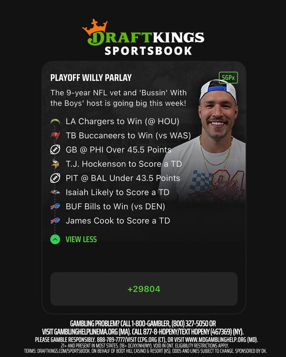 _willcompton's tweet photo. 14,000+ people riding the Playoff Willy Parlay this weekend on @DraftKings 

We are war ready #DKPartner https://t.co/pB6fijTdMA
