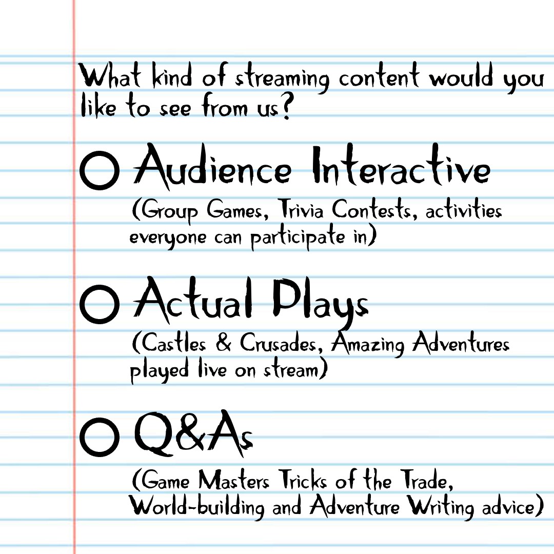 The secret fourth option is whatever you can think of that you'd find useful or would be interested to see from us live!  #TrollLordGames