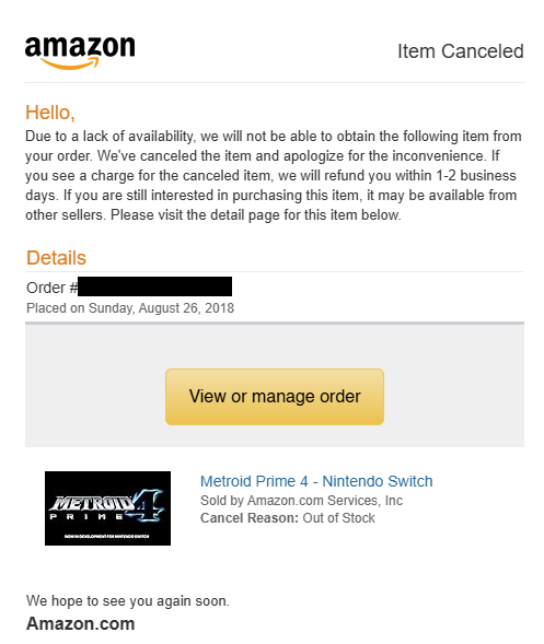 KytorIndustries's tweet image. After 6 years, 4 months, and 17 days, @amazon has cancelled my Metroid Prime 4 pre-order and $12 Prime discount now that the game is finally almost out.