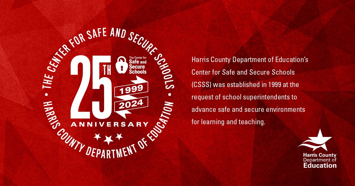 🎉 Celebrating 25 Years of Excellence! 🎉   

Join us in marking the 25th anniversary of the Center for Safe and Secure Schools!  We continue our mission to ensure safe environments for students and educators. Here’s to the next 25 years!

Learn more:
hcde-texas.org/CSSS