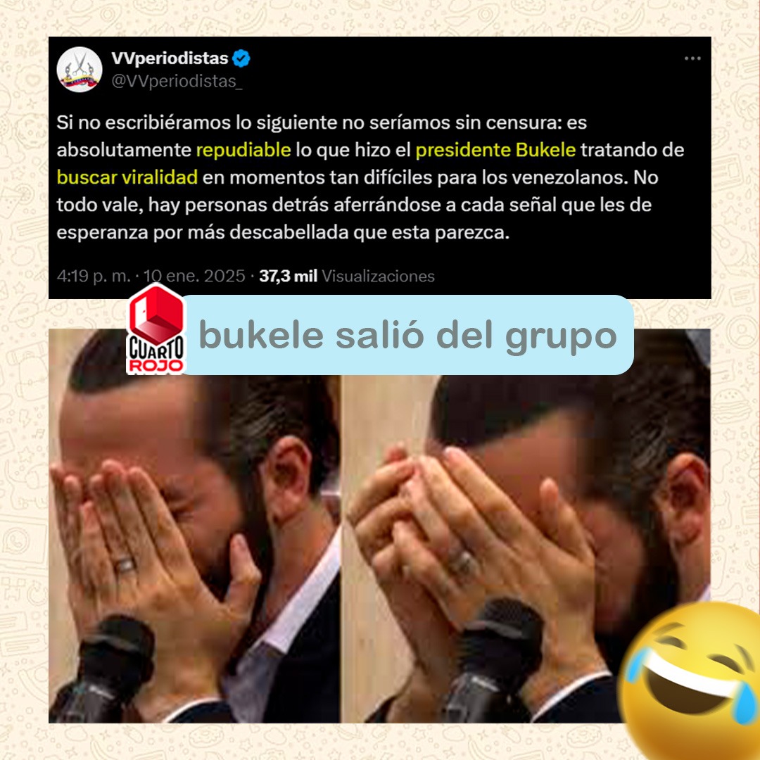 ElCuartoRoj0's tweet photo. Paciencia de Bukele 🤣🤣
No aguantan , le cayeron encima 
Así son ellos

PD: Nicolás Maduro Moros Presidente de Venezuela se encuentra en Miraflores, Fuerte Tiuna junto a una FANB en unión 

Erick Prince, vienes tú 😅😅
