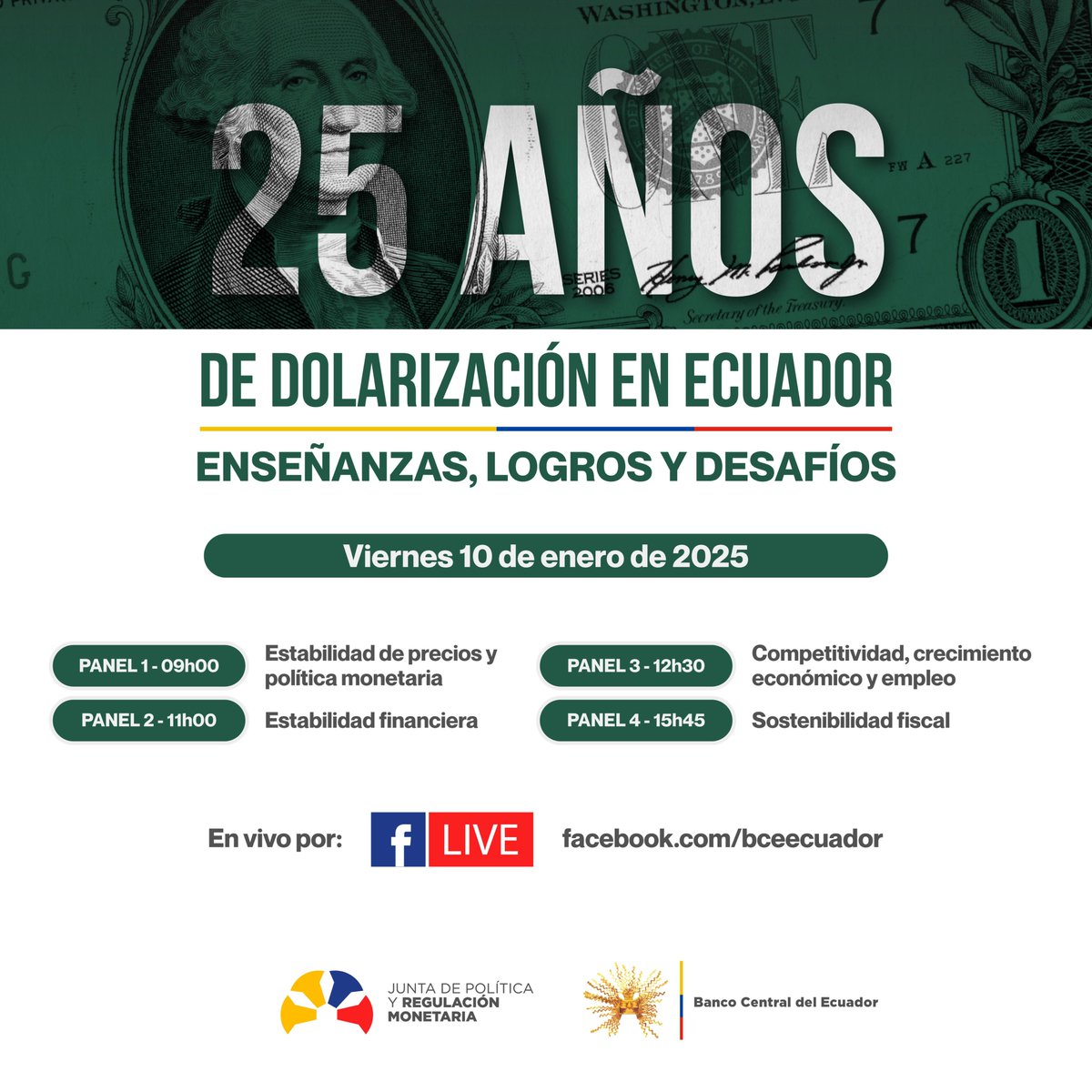 🔴 EN VIVO | Evento "25 Años de Dolarización: Enseñanzas, Logros y Desafíos". 

En el panel "Sostenibilidad Fiscal", contaremos con la participación de distinguidos especialistas:

✅Alfredo Arízaga - Presidente de la Consultora Informe Quantum
✅Magdalena Barreiro - Profesora de