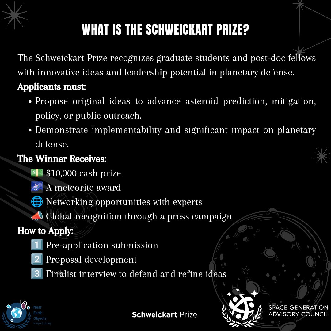 NEOProjectsSGAC's tweet image. ✴️The Schweickart Prize✨
To learn more about the Schweickart Prize and explore this exciting opportunity, interested students are encouraged to attend an informative webinar scheduled for January 22-23 at 9 AM PT. 
Apply here docs.google.com/forms/d/e/1FAI…

#neo #SchweickartPrize