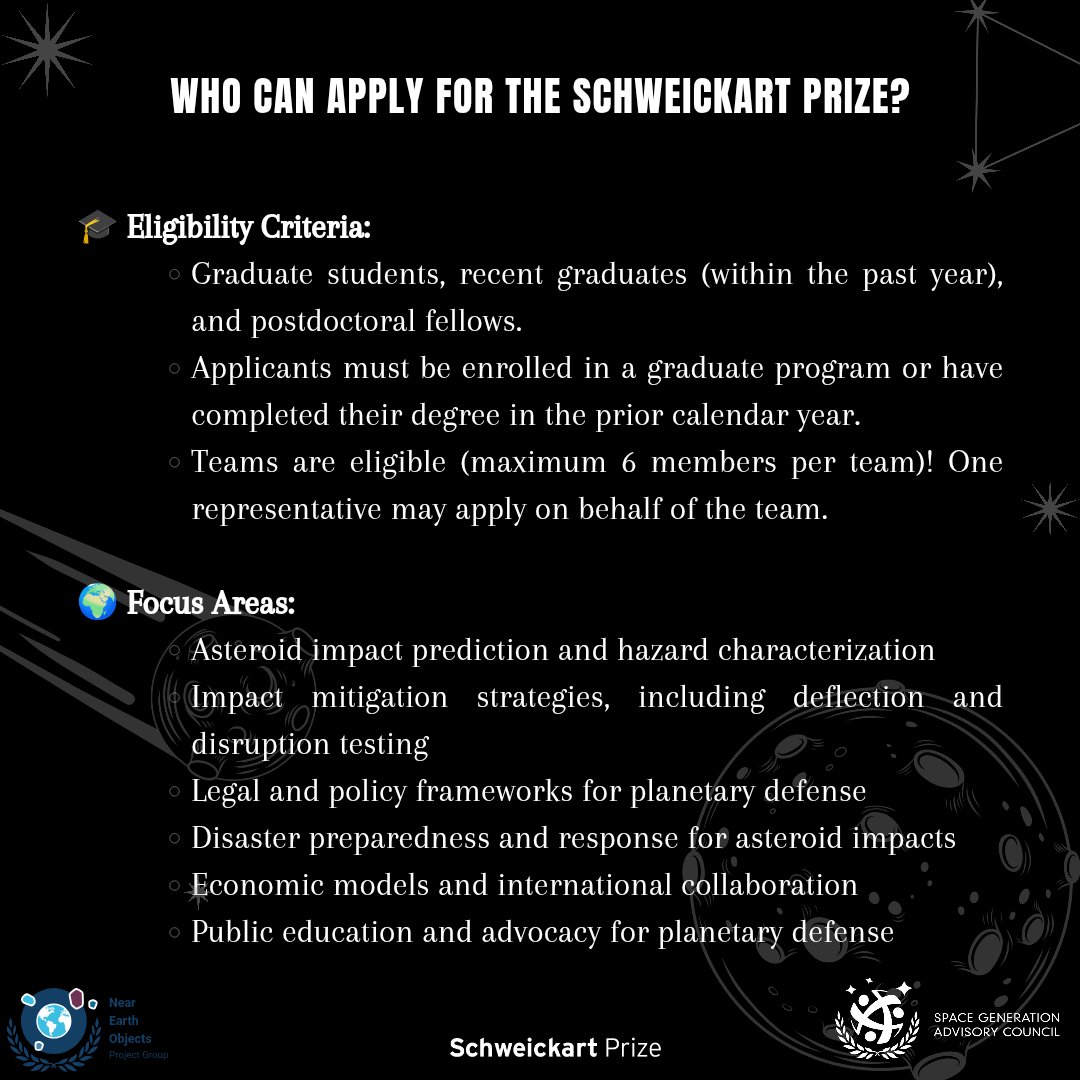 NEOProjectsSGAC's tweet image. ✴️The Schweickart Prize✨
To learn more about the Schweickart Prize and explore this exciting opportunity, interested students are encouraged to attend an informative webinar scheduled for January 22-23 at 9 AM PT. 
Apply here docs.google.com/forms/d/e/1FAI…

#neo #SchweickartPrize