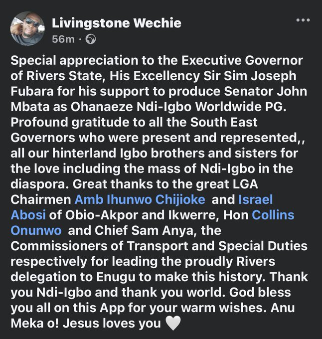 IgboTradeRoutes's tweet photo. Despite my preference for another candidate, I'm happy that an Ikwerre Man is finally the President General of Ohaneze Ndigbo Worldwide...

Today, the Britain and Gowon-imposed "Identity Crisis" on Igbos in Southsouth has FINALLY ENDED. This is the END of the ROAD for it!!! https://t.co/J9nbhyNduM