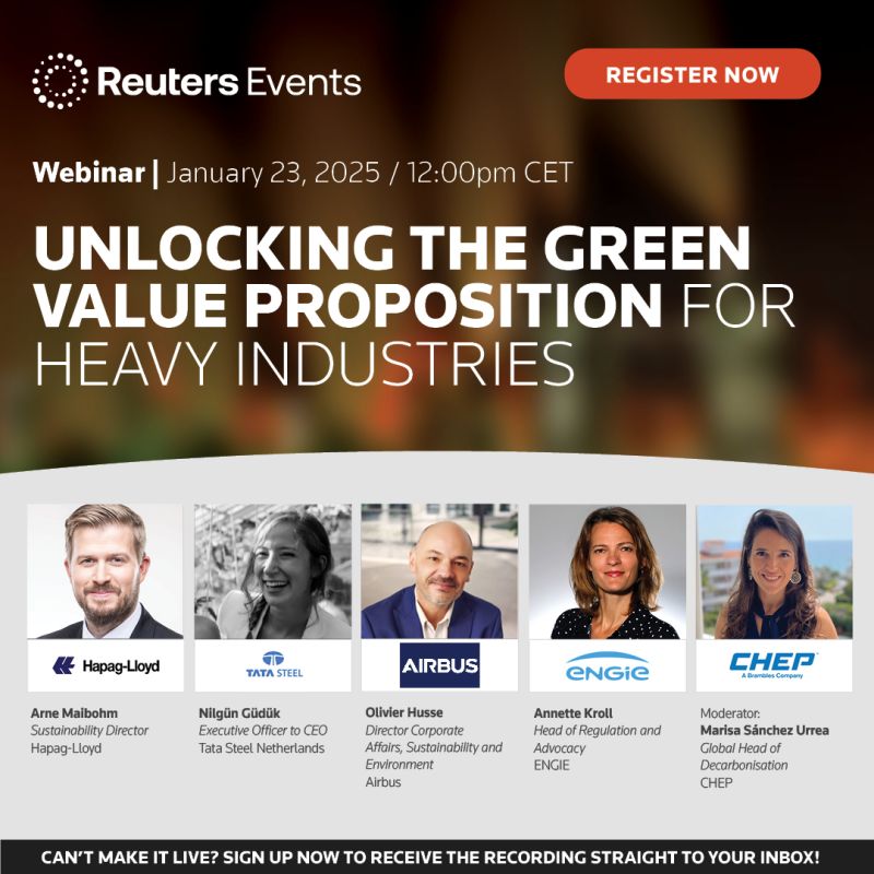 How can heavy industries profit from sustainability? Join the webinar with @Tata Steel, <a href="/Airbus/">Airbus</a>, @Hapag-Lloyd, @ENGIE &amp; <a href="/CHEP/">CHEP</a> to find out! Register: events.reutersevents.com/Industial-deca… #NetZero #GreenIndustry
