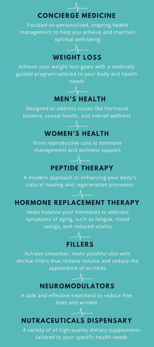 Our memberships and programs offer: 
Concierge medicine, weight loss programs/medication, peptide therapy, hormone replacement therapy, IV-therapy, dermal fillers, neuromodulators, and nutraceuticals.