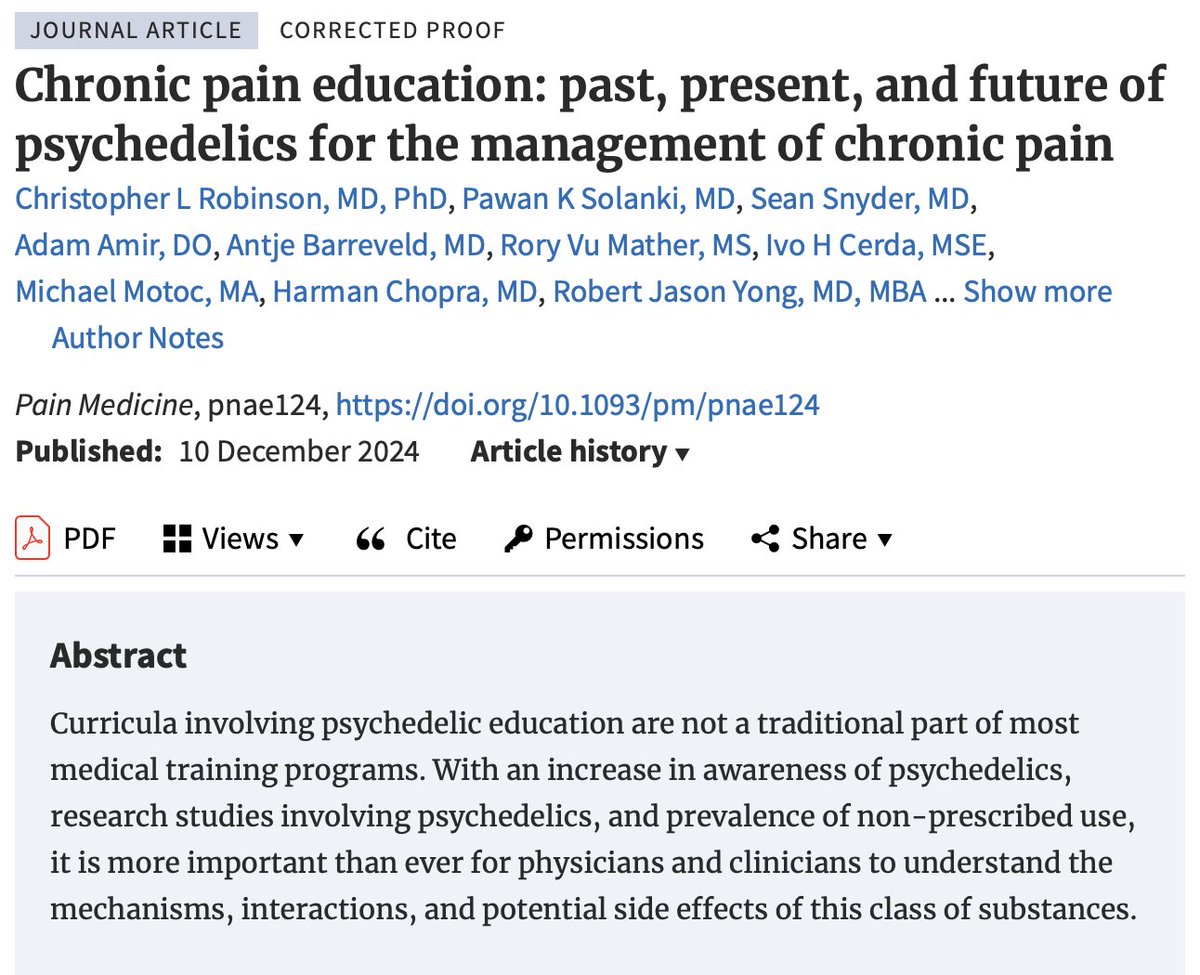 Rory Vu Mather (@rvmather) on Twitter photo Excited to have contributed to this article describing the need to expand education on the use of psychedelics for pain medicine!
Thanks so much to Dr. Christopher Robinson and <a href="/TrentDEmerick/">Trent Emerick</a> for the opportunity to collaborate on this work!
pubmed.ncbi.nlm.nih.gov/39658247/ Excited to have contributed to this article describing the need to expand education on the use of psychedelics for pain medicine!
Thanks so much to Dr. Christopher Robinson and <a href="/TrentDEmerick/">Trent Emerick</a> for the opportunity to collaborate on this work!
pubmed.ncbi.nlm.nih.gov/39658247/