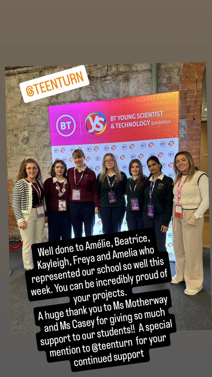 Congratulations to all the winners at this year's <a href="/BTYSTE/">BT Young Scientist</a>. We are so proud of our students and teachers.  <a href="/TeenTurn/">TeenTurn</a>