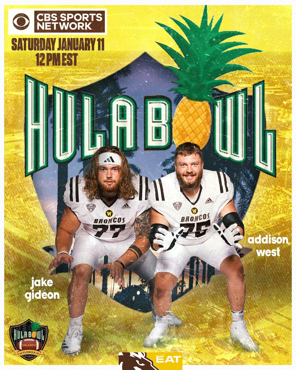 Western Michigan Football (@wmu_football) on Twitter photo tune in tomorrow evening to catch Jake Gideon and Addison West in the 2025 Hula Bowl! 🍽️
#EAT #BroncosReign tune in tomorrow evening to catch Jake Gideon and Addison West in the 2025 Hula Bowl! 🍽️
#EAT #BroncosReign