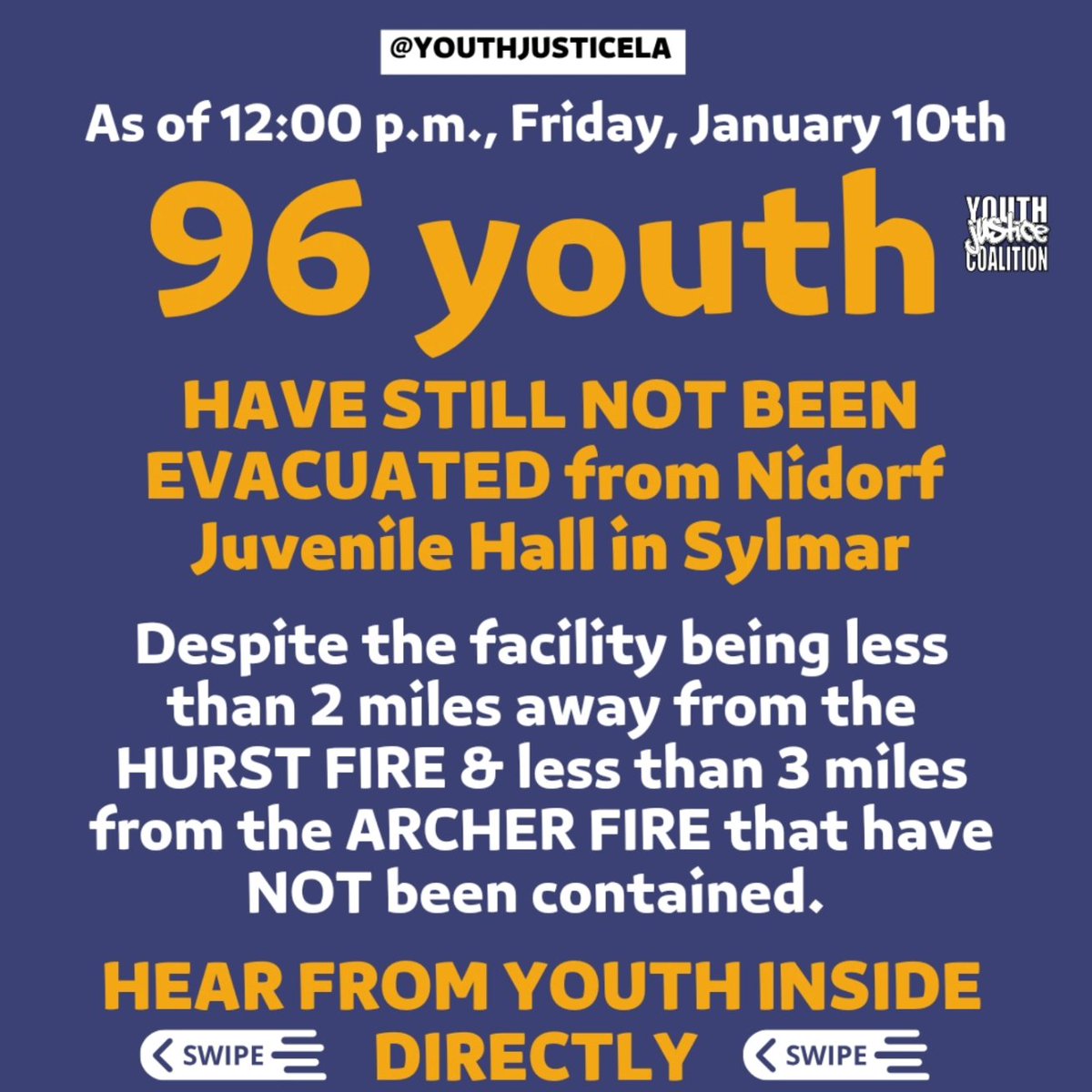 As of 12:00PM, 96 INCARCERATED YOUTH HAVE STILL NOT BEEN EVACUATED from Nidorf Juvenile Hall in Sylmar, despite the facility being 1.7 miles away from HURST fire &amp; 2.7 miles ARCHER fire that have NOT been contained. Take Action, Donate, Hear from Youth Inside! 🚨📢 THREAD 🧵