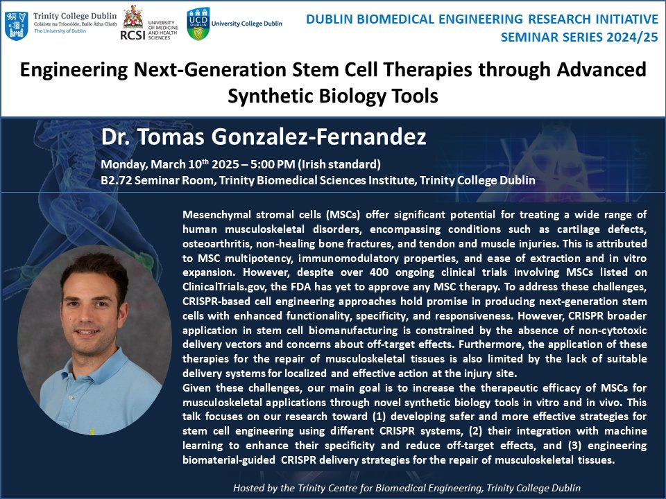 TCBE (@tcdtcbe) on Twitter photo We are pleased to announce our first seminar series event of the year on the 10th of March 2025 by Dr Tomas Gonzalez-Fernandez on 'Engineering Next-Generation Stem Cell Therapies through Advanced Synthetic Biology Tools'. Seminar details attached below. <a href="/TheTGFLab/">Tomas Gonzalez Fernandez Lab</a> We are pleased to announce our first seminar series event of the year on the 10th of March 2025 by Dr Tomas Gonzalez-Fernandez on 'Engineering Next-Generation Stem Cell Therapies through Advanced Synthetic Biology Tools'. Seminar details attached below. <a href="/TheTGFLab/">Tomas Gonzalez Fernandez Lab</a>