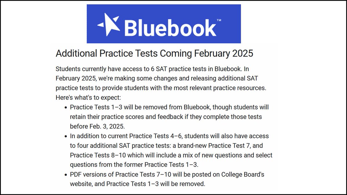 SATQuantum's tweet image. Collegeboard to release new digital SAT practice tests in February 2025. #SAT #digitalsat #satprepcourse satsuite.collegeboard.org/practice/pract…