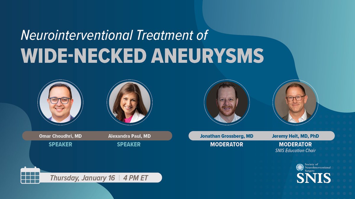 SNISinfo's tweet photo. The next #SNISInsights webinar: "Neurointerventional Treatment of Wide-Necked Aneurysms" is 1/16 at 4:00 PM ET. Register: https://t.co/L3HMsiu6CQ https://t.co/lzZm9xRl9O