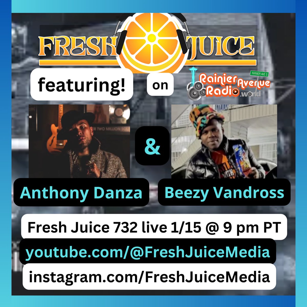 Kicking it in studio on the 15th with the always on the grind &amp; ever present <a href="/AnthonyDanza_/">Anthony Danza</a> joined by Mobile, Alabama’s own Beezy Vandross who marches to his own type to bop. 

#anthonydanza #BeezyVandross #FreshJuice #RainierAvenueRadio #Blazin420Radio
