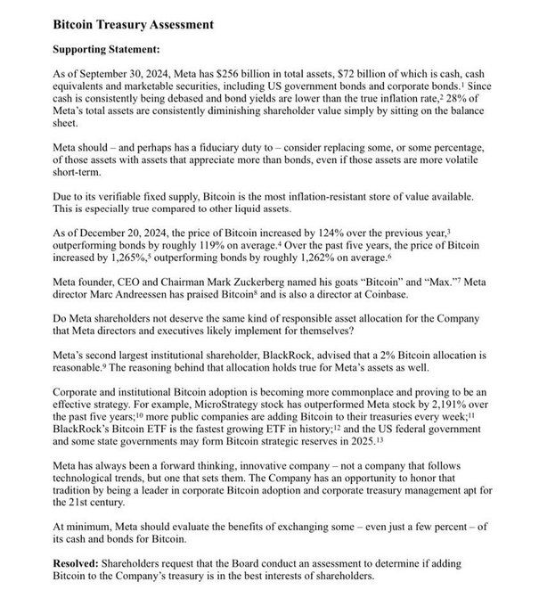 SimplyBitcoin's tweet photo. NEW: $1.6 Trillion Meta receives #Bitcoin Treasury Shareholder Proposal 👀

“Shareholders request that the board conduct an assessment to determine if adding Bitcoin to the company’s treasury is in the best interests of the shareholders.” https://t.co/RVmSvR5rSZ